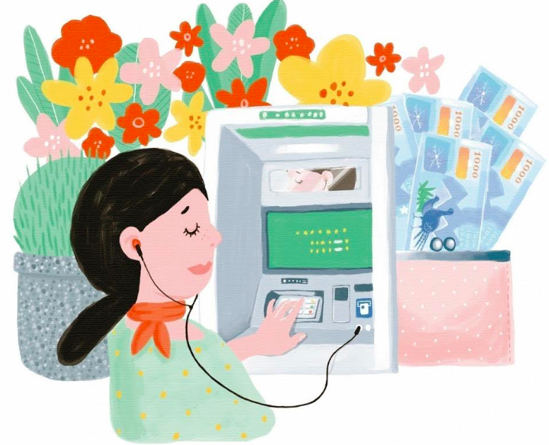 聯合報繽紛版為蓓君畫的插圖－示意蓓君站在ATM前、戴著耳機操作機器，獨立領錢的經驗，讓視障者的世界多了更多色彩